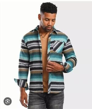 DepartmentWest Men's Striped Flannel Shirt teal black brown button front size L